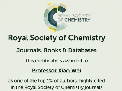 Wei Xiao Was Awarded as RSC Highly Cited Author for Two Years in Row